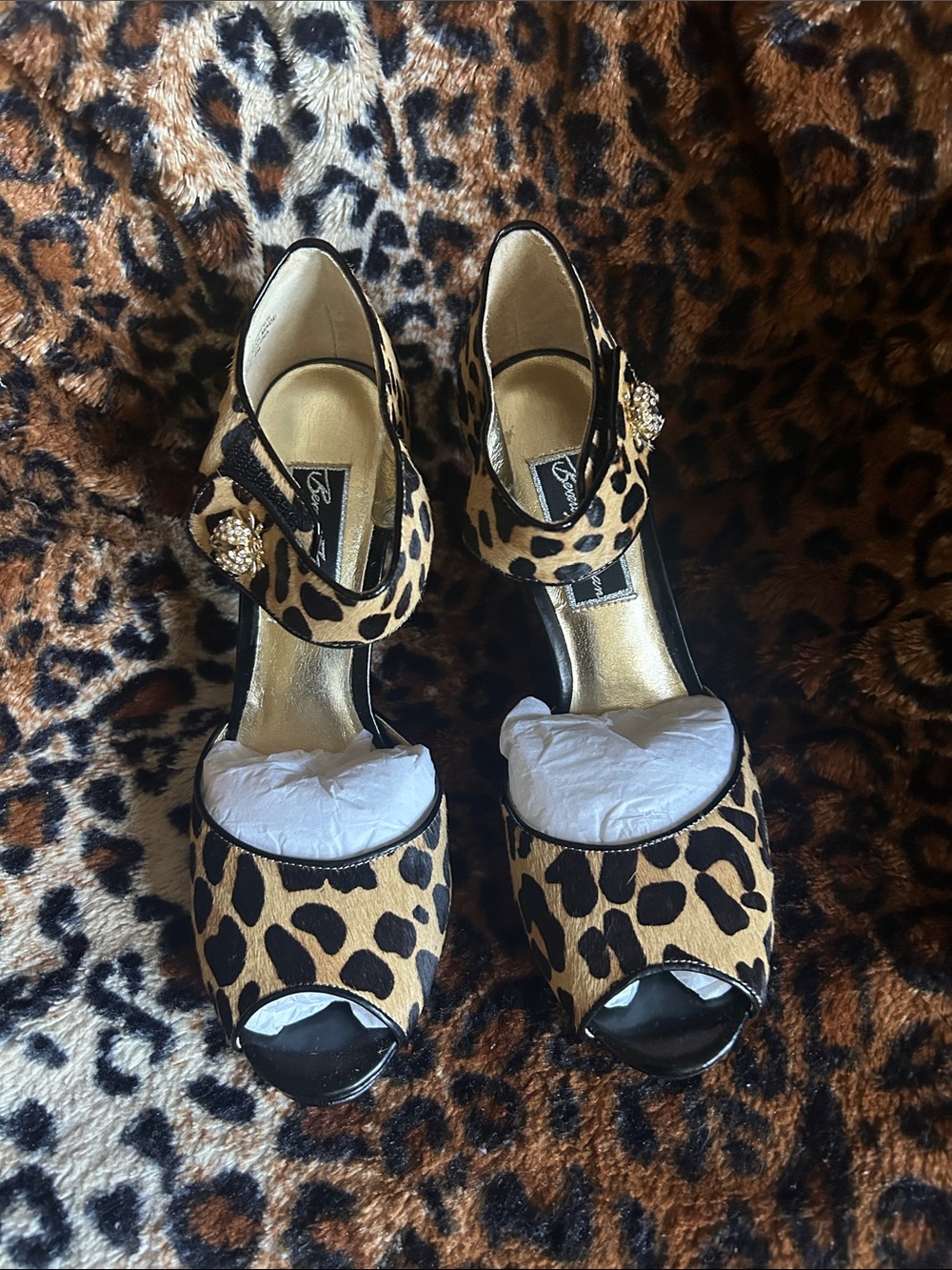 Beverly Feldman Leopard Print Peep-Toe Ankle-Strap Heels with Gold Accent